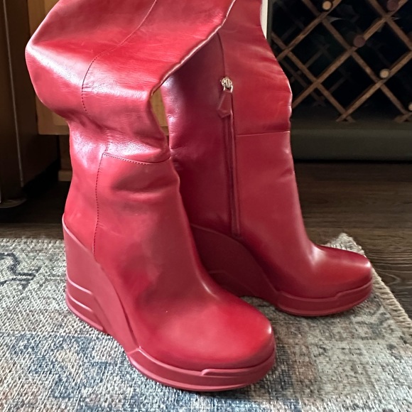 2014 Prada Vitello Leather Rubber-Wedge Knee Boot, Scarlatto - Picture 4 of 8